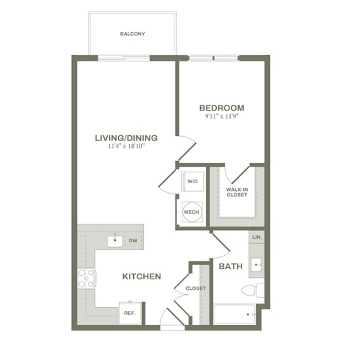 A floor plan of a balcony apartment with a bedroom, living/dining area, kitchen, bathroom, and closet.